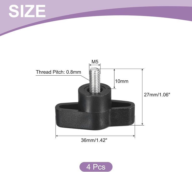 uxcell 4Pcs Tee Wing Knobs Thumb Screws, M5 x 10mm Clamping Screw Knob Male Thread 304 Stainless Steel T Shaped Thumb Screws Handle 36mm Dia. for Hand Tightening Knob Replacement, Black - Image 2